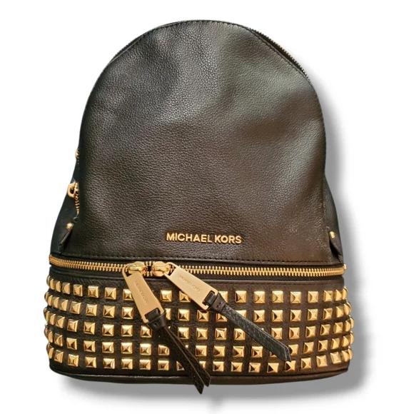MICHAEL KORS Rhea Medium Black Studded Pebbled Leather Gold Details Backpack - Picture 4 of 17